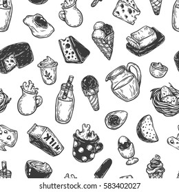 Hand drawn pattern with vector dairy products. Milk products: cheese, butter, yogurt and different types of desserts. Breakfast products.