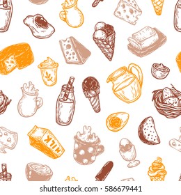 Hand drawn pattern with vector dairy products. Milk products: cheese, butter, yogurt and different types of desserts. Breakfast products.