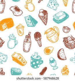 Hand drawn pattern with vector dairy products. Milk products: cheese, butter, yogurt and different types of desserts. Breakfast products.