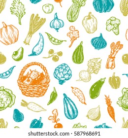 Hand drawn pattern with vegetables. Big vegetable collection. Fresh, natural and vegetarian food. Sketch style, freehand.