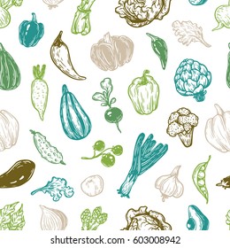 Hand drawn pattern with vegetables. Big vegetable collection. Fresh, natural and vegetarian food. 