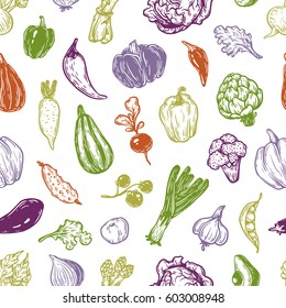Hand drawn pattern with vegetables. Big vegetable collection. Fresh, natural and vegetarian food. 