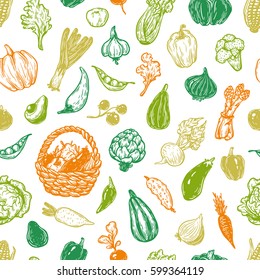 Hand drawn pattern with vegetables. Fresh, natural and vegetarian food. Sketch style, freehand.