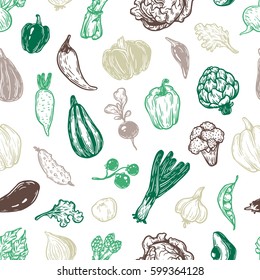 Hand drawn pattern with vegetables. Fresh, natural and vegetarian food. Pattern for kitchen, menu.