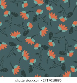 Dibujado a mano patrón con lirio de agua. Ilustración floral de Vector con flores y hojas, lirio de agua naranja dibujado a mano.