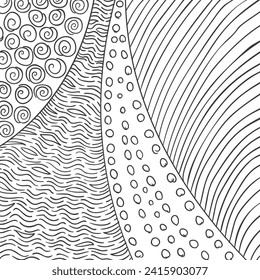 Hand drawn pattern of wavy lines, small circles, spirals black and white, Abstract background inspired by indigenous aboriginal art and impressionism