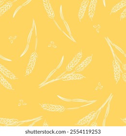 Hand drawn pattern of wheat ears and seeds on a vibrant yellow background vector illustration