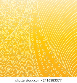 Hand drawn pattern of white wavy lines, small circles, spirals on yellow gradient, Abstract background inspired by indigenous aboriginal art and impressionism