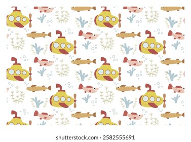 Hand drawn pattern with yellow submarine. Sea fauna. Seamless vector cartoon submarine pattern for your design.