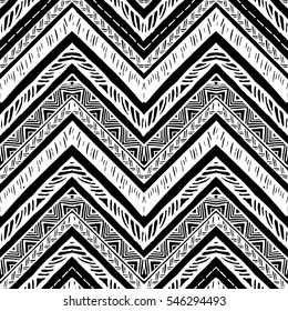 Hand drawn pattern. Zigzag and stripe line. Vector illustration for tribal design. Black and white colors. For textile, wallpaper, wrapping paper. Ethnic theme