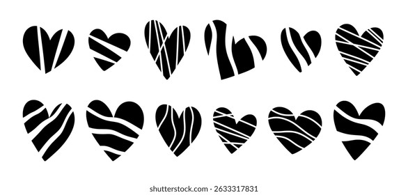 Hand drawn patterned cute black hearts. Trendy decorative elements for romantic template, greeting cards, stickers. Valentine's day lined and striped hearts set. Love and Valentines day concept. 