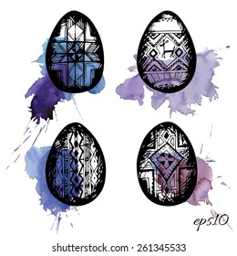 Hand drawn patterned Easter eggs. Vector illustration.