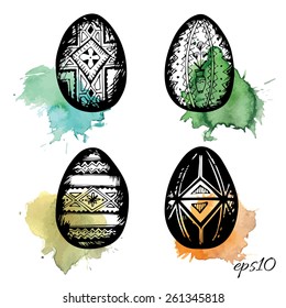 Hand drawn patterned Easter eggs. Vector illustration.