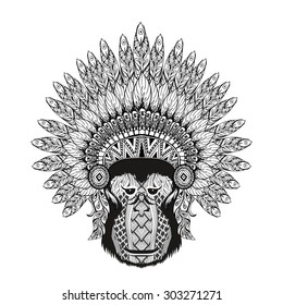 Hand Drawn patterned Monkey in zentangle style with Feathered War bonnet, high detailed headdress for Indian Chief. American boho spirit. Vintage sketch vector illustration for tattoos, t-shirt print.