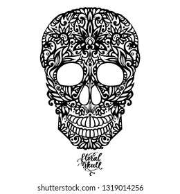 Hand drawn patterned skull, decorative silhouette black on white