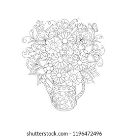 Hand drawn patterned teapot in zen tangle style with floral bouquet. Isolated image for adult anti-stress coloring book, home art, decorate wall. Outline monochrome vector illustration. eps 10