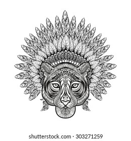 Hand Drawn patterned Tiger in zentangle style with Feathered War bonnet, high detailed headdress for Indian Chief. American boho spirit. Vintage sketch, vector illustration for tattoos, t-shirt print.