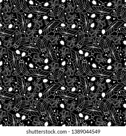 Hand drawn pattern.Outline insects. Illustration for design on your wrapping paper. Ideal for print, textile, fabric. Desing your menu. Drawing for design of a children's bed and clothes.