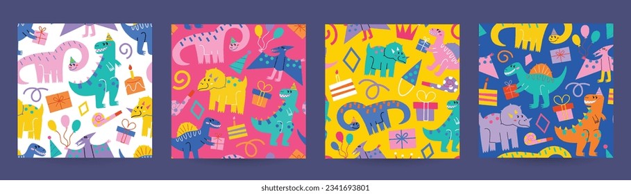 Hand drawn patterns collection, smiling cartoon dinosaurs tiles, wrapping paper for birthday gifts, colored ornament of tyrannosaurus, doodle presents and cakes. Vector illustrations