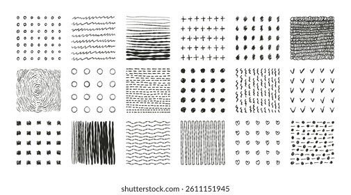 Hand drawn patterns with dots, lines, scribbles set. Geometric simple shapes, doodles, grunge ink blots, splashes for wallpaper, backgrounds. Vector isolated collection.