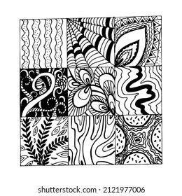 Hand drawn patterns with floral and natural elements. Ornate zentangle texture. Pattern can be used for wallpaper, pattern fills, web page background, surface textures, coloring page