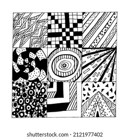Hand drawn patterns with geometric and natural elements. Ornate zentangle texture. Pattern can be used for wallpaper, pattern fills, web page background, surface textures, coloring page