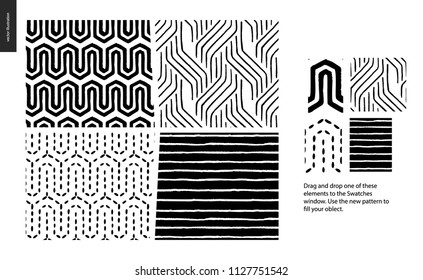 Hand drawn Patterns - a group set of four abstract seamless patterns - black, gold and white. Geometrical lines, dots and shapes - pieces