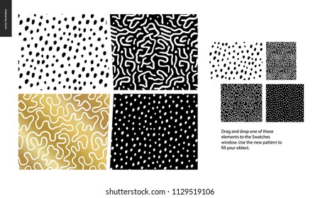 Hand drawn Patterns - a group set of four abstract patterns - black, gold and white. Geometrical lines, dots and shapes - pieces