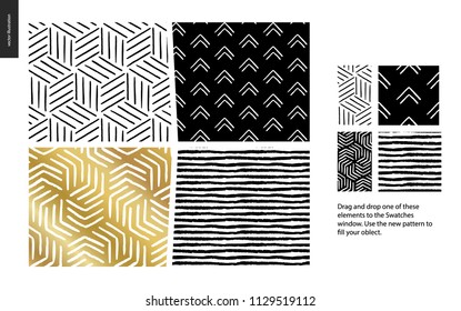 Hand drawn Patterns - a group set of four seamless abstract patterns - black, gold and white. Geometrical lines, dots and shapes - pieces