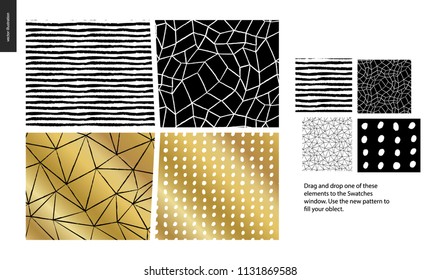 Hand drawn Patterns - a group set of four abstract seamless patterns - black, gold and white. Geometrical lines, dots and shapes - pieces