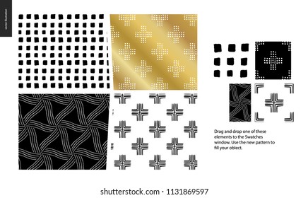 Hand drawn Patterns - a group set of four abstract seamless patterns - black, gold and white. Geometrical lines, dots and shapes - pieces