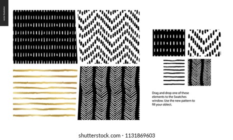 Hand drawn Patterns - a group set of four abstract seamless patterns - black, gold and white. Geometrical lines, dots and shapes - pieces