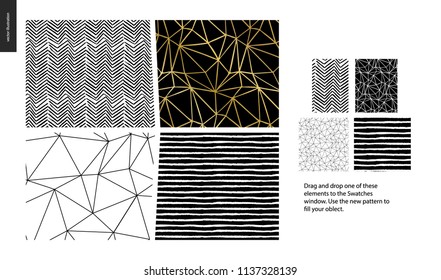 Hand drawn Patterns - a group set of four abstract seamless patterns - black, gold and white. Geometrical lines, dots and shapes - pieces