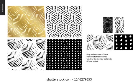 Hand drawn Patterns - a group set of four abstract patterns - black, gold and white. Geometrical lines, dots and shapes - pieces