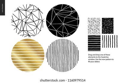 Hand drawn Patterns - a group set of four abstract seamless patterns - black, gold and white. Circle rounded pieces with geometrical lines, dots and shapes - pieces