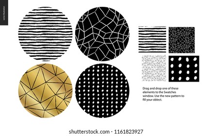 Hand drawn Patterns - a group set of four abstract seamless patterns - black, gold and white. Circle rounded pieces with geometrical lines, dots and shapes - pieces