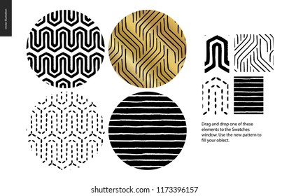 Hand drawn Patterns - a group set of four abstract seamless patterns - black, gold and white. Circle rounded pieces with geometrical lines, dots and shapes - pieces
