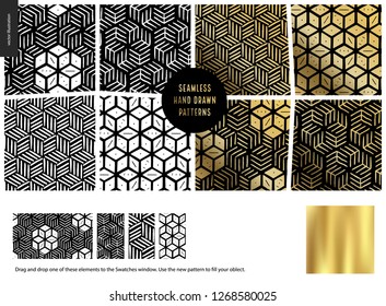 Hand drawn Patterns - a group set of eight abstract seamless patterns - black, gold and white. Geometrical lines and shapes. - black