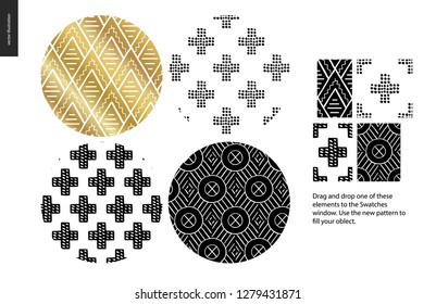 Hand drawn Patterns - a group set of four abstract seamless patterns - black, gold and white. Circle rounded pieces with geometrical lines, dots and shapes - pieces