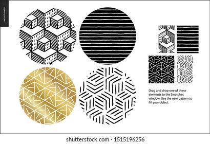 Hand drawn Patterns - a group set of four abstract seamless patterns - black, gold and white. Circle rounded pieces with geometrical lines, dots and shapes - pieces