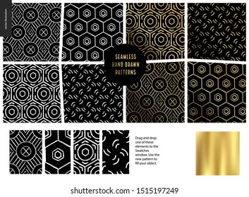 Hand drawn Patterns - a group set of eight abstract seamless patterns - black, gold and white. Geometrical lines and shapes. - black