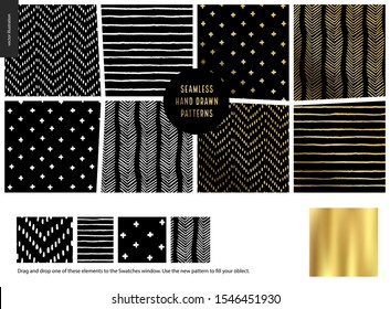 Hand drawn Patterns - a group set of eight abstract seamless patterns - black, gold and white. Lines and shapes. - black
