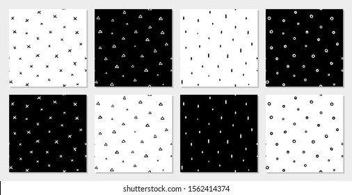 Hand drawn patterns on white and black backgrounds. Simple pattern set. Great for wallpaper, web background, wrapping paper, fabric, packaging, greeting cards, invitations and more.