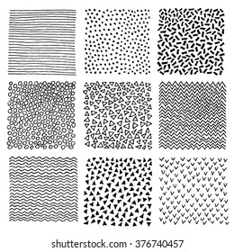 Hand Drawn Patterns Set. Textured ornaments for your design. Handmade lines, polka dot, chevron, birds, waves backgrounds. Black white vector for cards, flyers, banners. Cute messy style. Monochrome