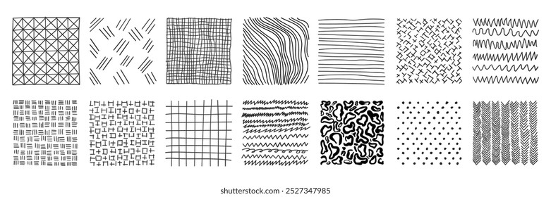 Padrões desenhados à mão em ícones quadrados definidos em estilo plano. Desenhar ilustração de vetor de esboço em plano de fundo isolado. Ondas aleatórias caóticas sinalizam conceito de negócios.