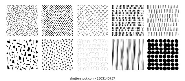 Hand drawn patterns and textures. Abstract graphic freehand elements. Line, dot, shape, stain, rainbow, and stroke textures set. Doodle background collection. Vector illustration on white background