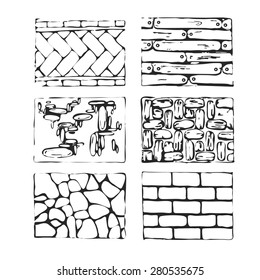 Hand drawn paving stones and blocks. Detailed landscape design elements.Top view.  Eight type of paving stone