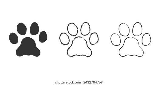 Hand drawn Paw print set. Outline doodle paw icon. Vector illustration isolated on white background