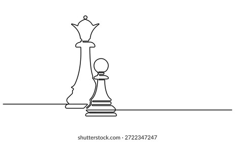 Peón dibujado a mano y Vector de piezas de ajedrez Queen. Dibujo continuo de una línea. Ilustración de juego de Tablero. Día Mundial del Ajedrez. Reina y peón. Impresión mínima, Anuncio, tarjeta, cartel del arte de la pared, logotipo, muestra, símbolo.