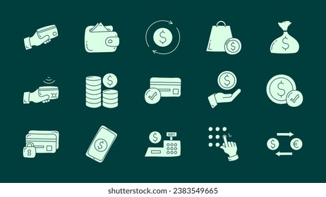Hand drawn Payment flat icon set. payment doodle icon collections. money, credit card,  exchange,  cash and transaction symbol.